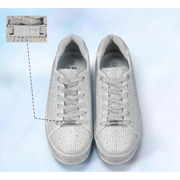 Women's Silver Platform Rhinestone Fashion Glitter Sneakers Sparkly Shiny Shoes - Picture 8 of 9